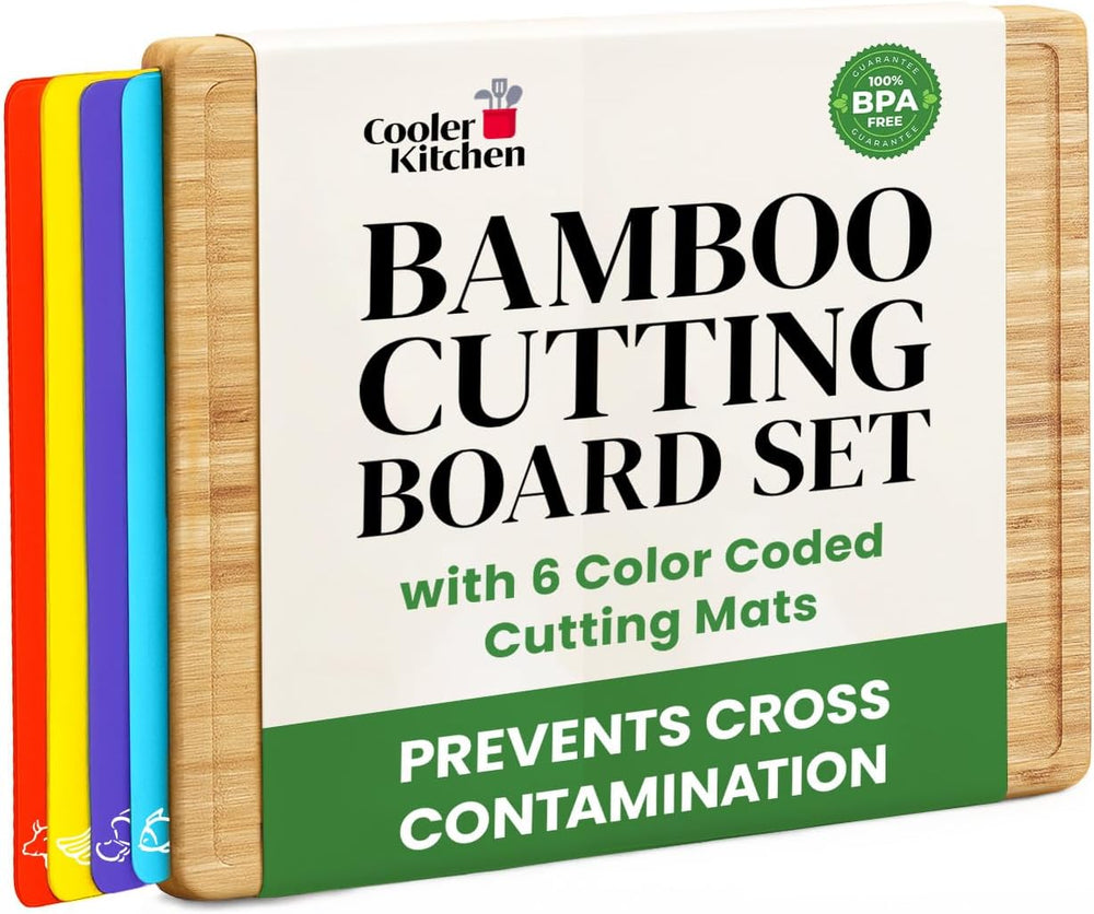 Easy-to-Clean Bamboo Wood Cutting Board with set of 6 Color-Coded Flexible Cutting Mats with Food Icons