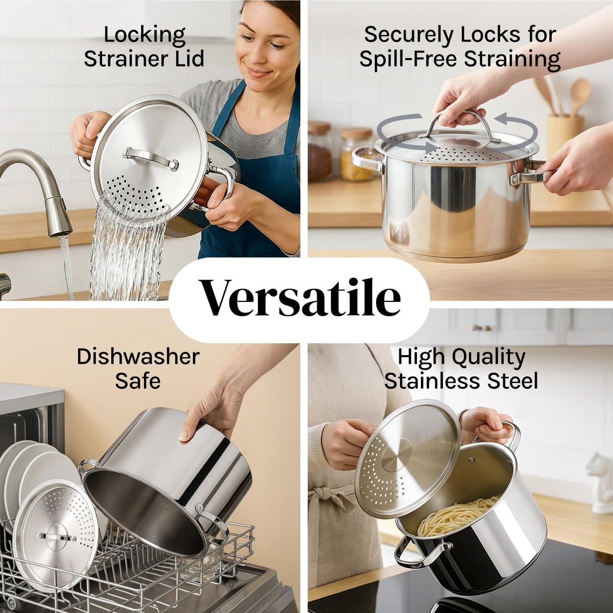Stainless Steel Pasta Pot with Locking Strainer Lid - 5.5 Quart Large Capacity | Twist & Lock for Easy Drain & No Colander Or Strainer Basket