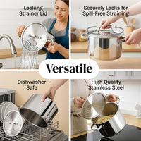 Stainless Steel Pasta Pot with Locking Strainer Lid - 5.5 Quart Large Capacity | Twist & Lock for Easy Drain & No Colander Or Strainer Basket