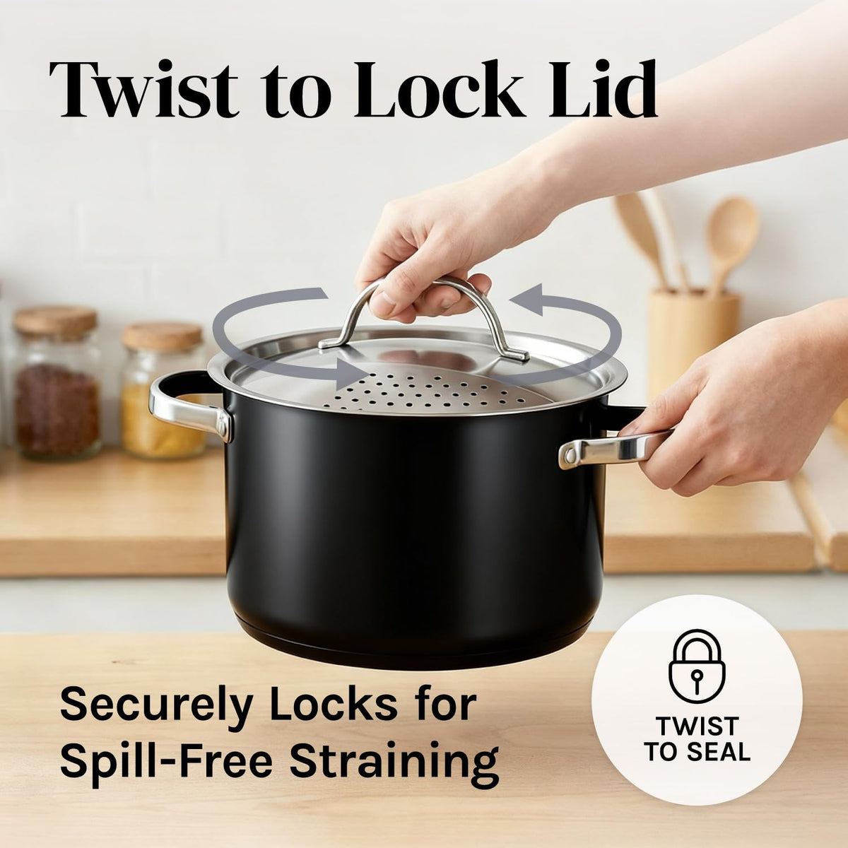 Cooler Concepts Pasta Pot with Strainer Lid - 5.5 Quart Large Spaghetti Pot - Twist & Lock for Easy Drain & No Colander Or Strainer Basket Insert Needed - Dishwasher Safe Pots