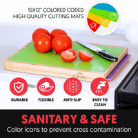 Ginsu Bamboo Wood Cutting Board Set with 6 Color-Coded Mats and Food Icons for Easy Meal Prep and Cleanup