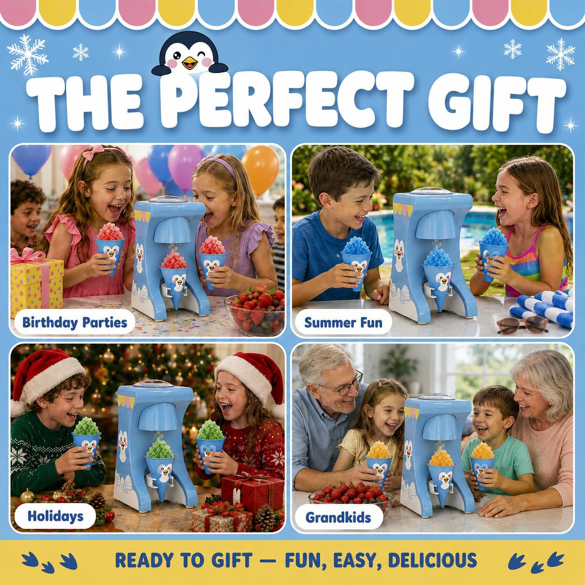 Penguin Snow Cone Machine for Kids – Countertop Electric Shaved Ice Machine
