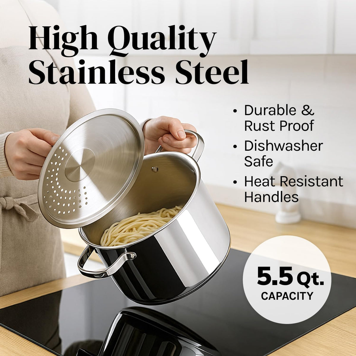 Stainless Steel Pasta Pot with Locking Strainer Lid - 5.5 Quart Large Capacity | Twist & Lock for Easy Drain & No Colander Or Strainer Basket