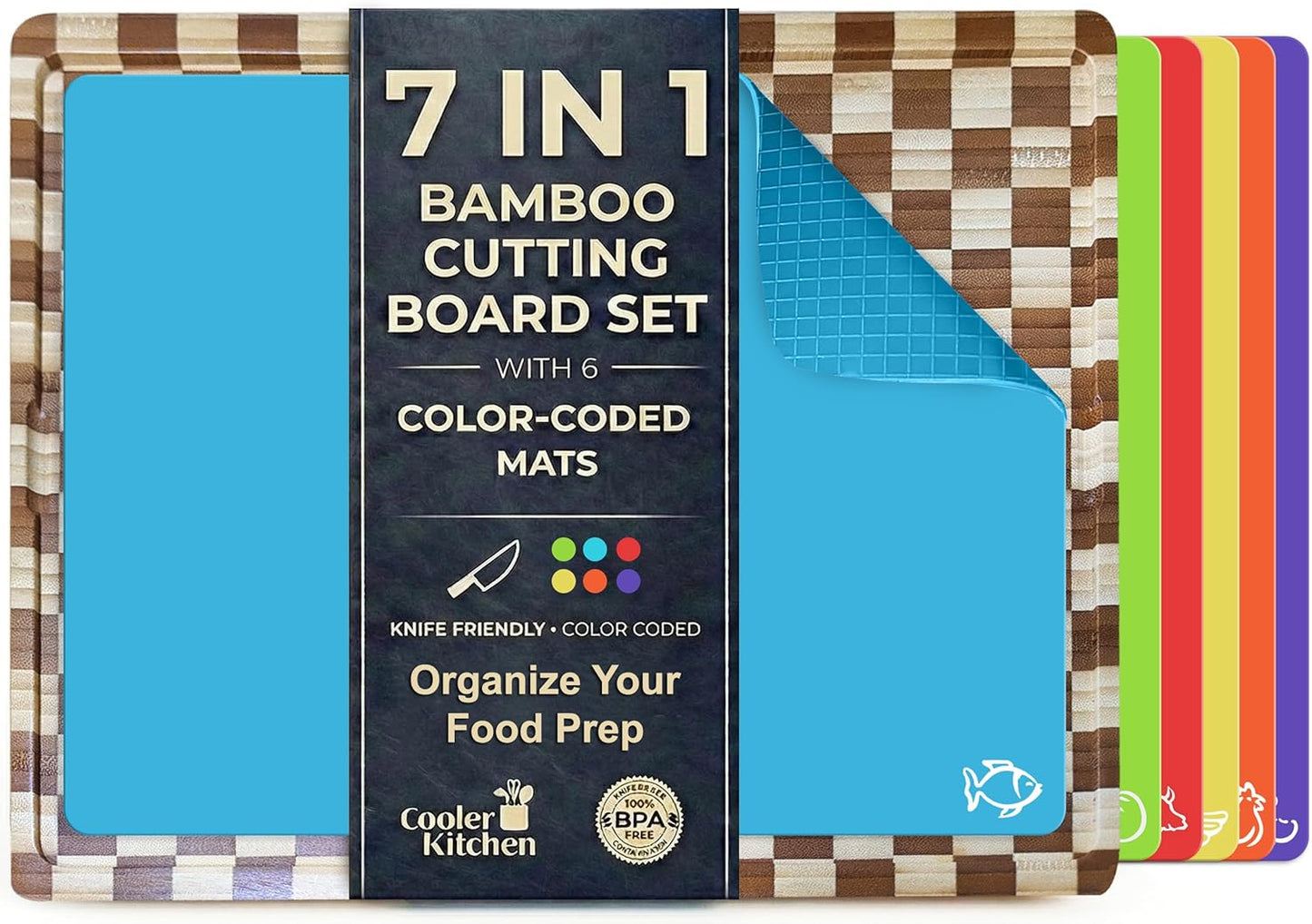 Cooler Kitchen Bamboo Cutting Board Set with 6 Color Coded Flexible Plastic Mats with Food Icons, Labeled Cutting Boards for Kitchen with Holder - BPA-Free Wooden, Dishwasher Safe, Large