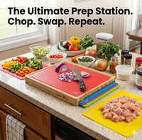 Easy-to-Clean Bamboo Wood Cutting Board with set of 6 Color-Coded Flexible Cutting Mats with Food Icons