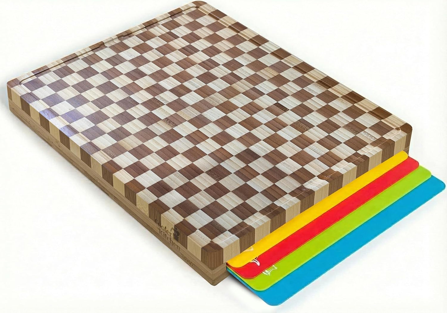 Cooler Kitchen Bamboo Cutting Board Set with 6 Color Coded Flexible Plastic Mats with Food Icons, Labeled Cutting Boards for Kitchen with Holder - BPA-Free Wooden, Dishwasher Safe, Large