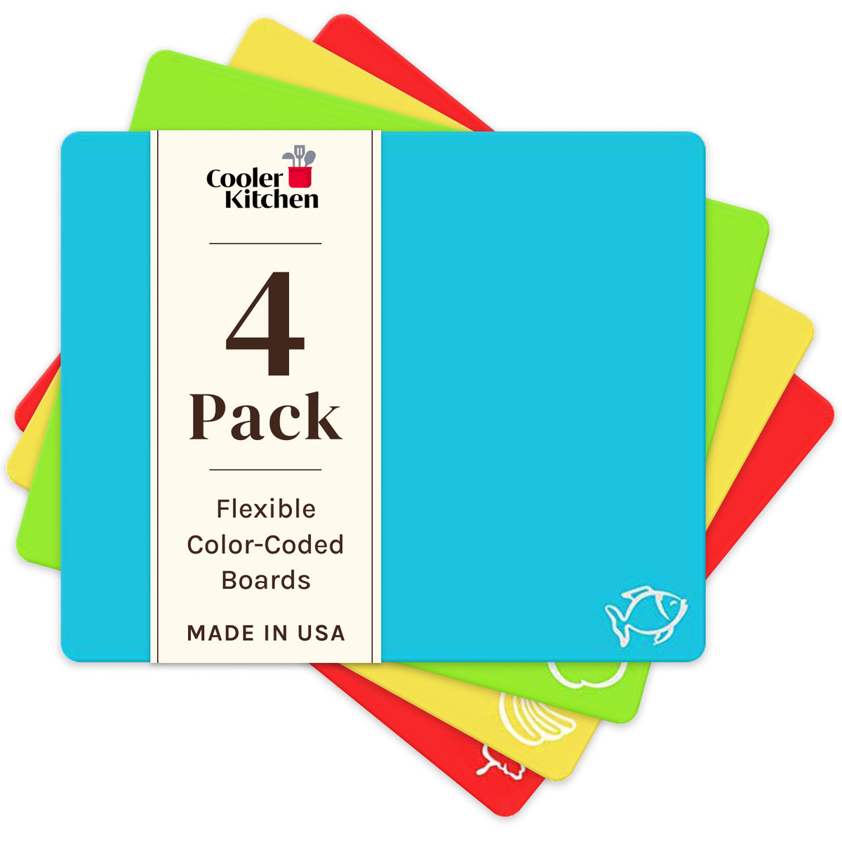 Extra Thick Flexible Plastic Cutting Board Mats With Food Icons &"EZ-Grip" Waffle Back, (Set of 4) - Textured Waffle Grip Bottom Prevents Slipping On