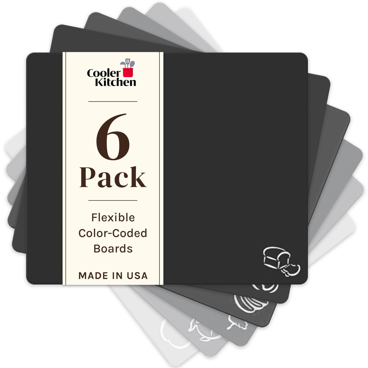 Plastic Cutting Board Mats with Food Icons & EZ-Grip Waffle Back, (Set of 6)