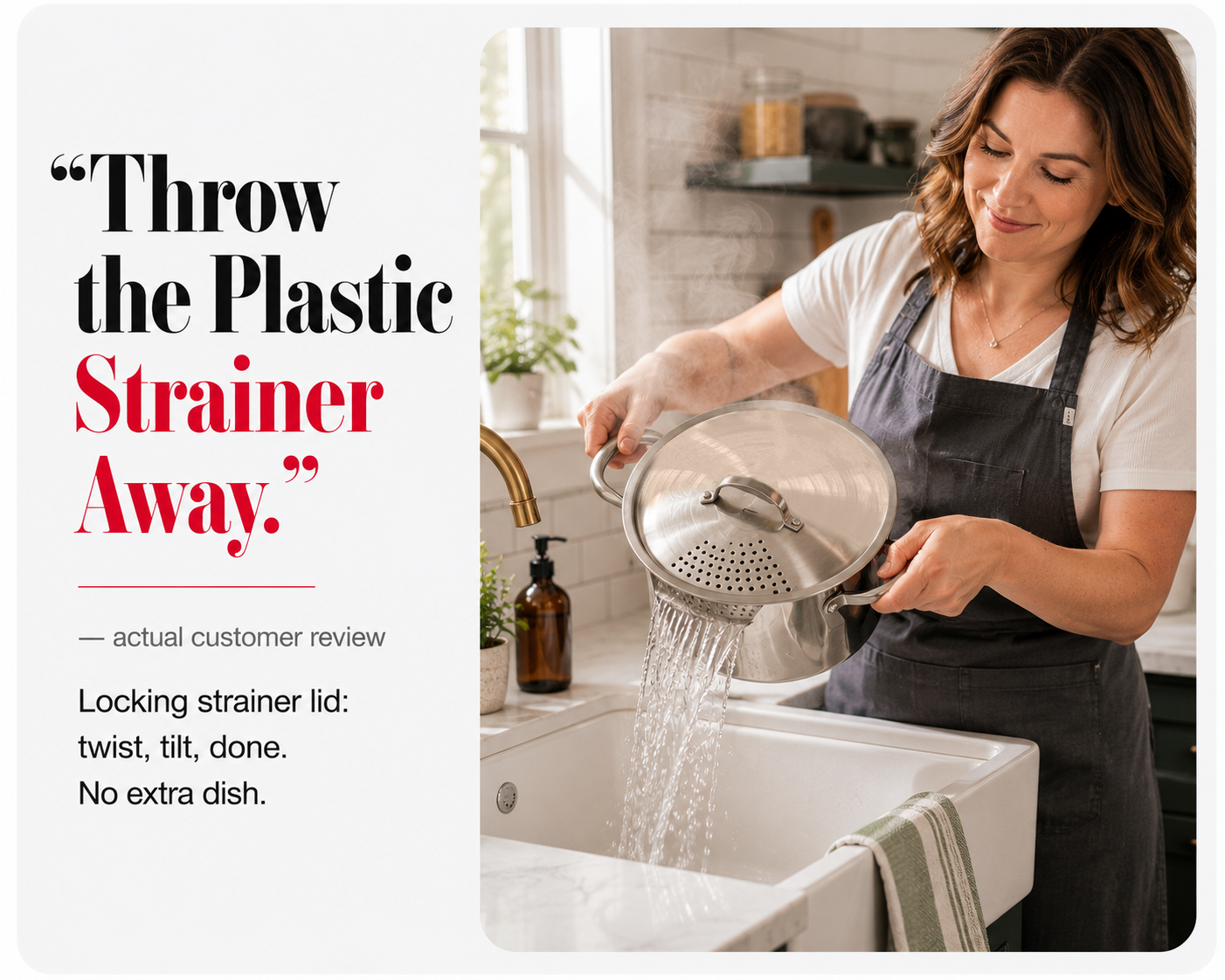 Pasta pot with twist-lock strainer lid - product graphic 1