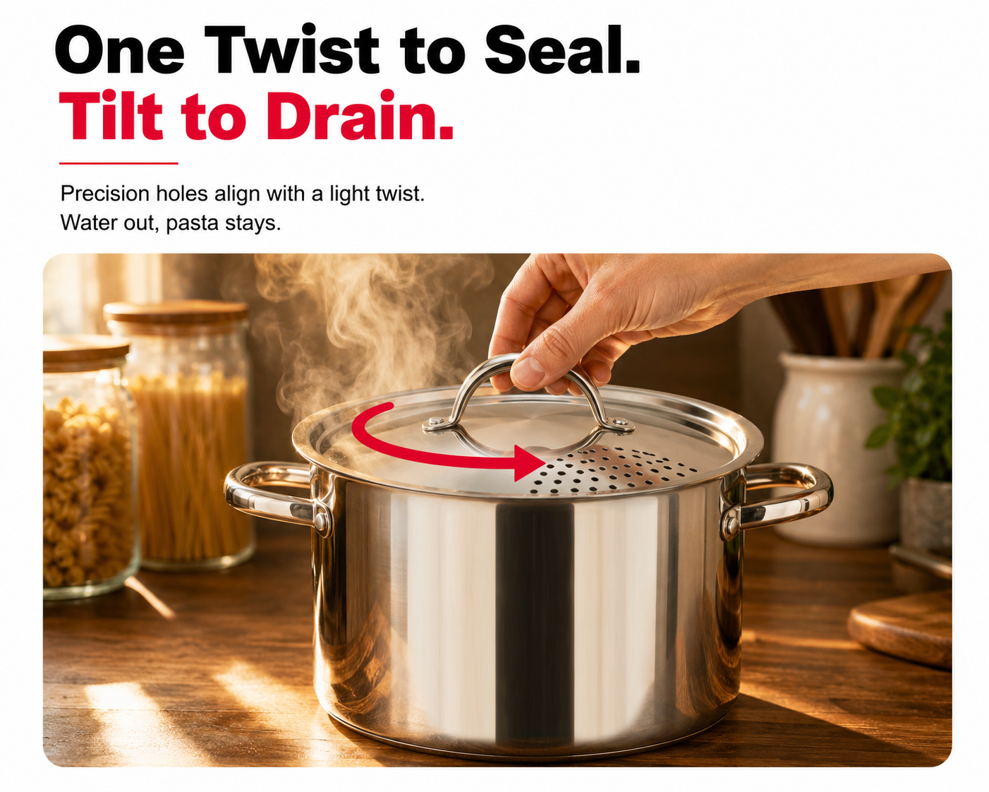 Pasta pot with strainer lid - product graphic 2