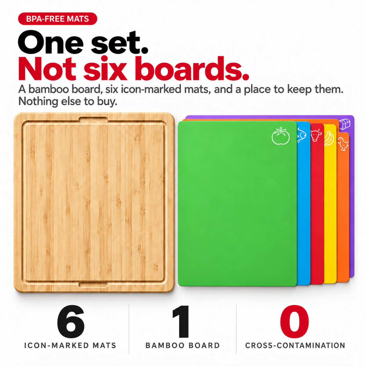 Bamboo Cutting Board Set with 6 Mats, Wood Cutting Boards for Kitchen