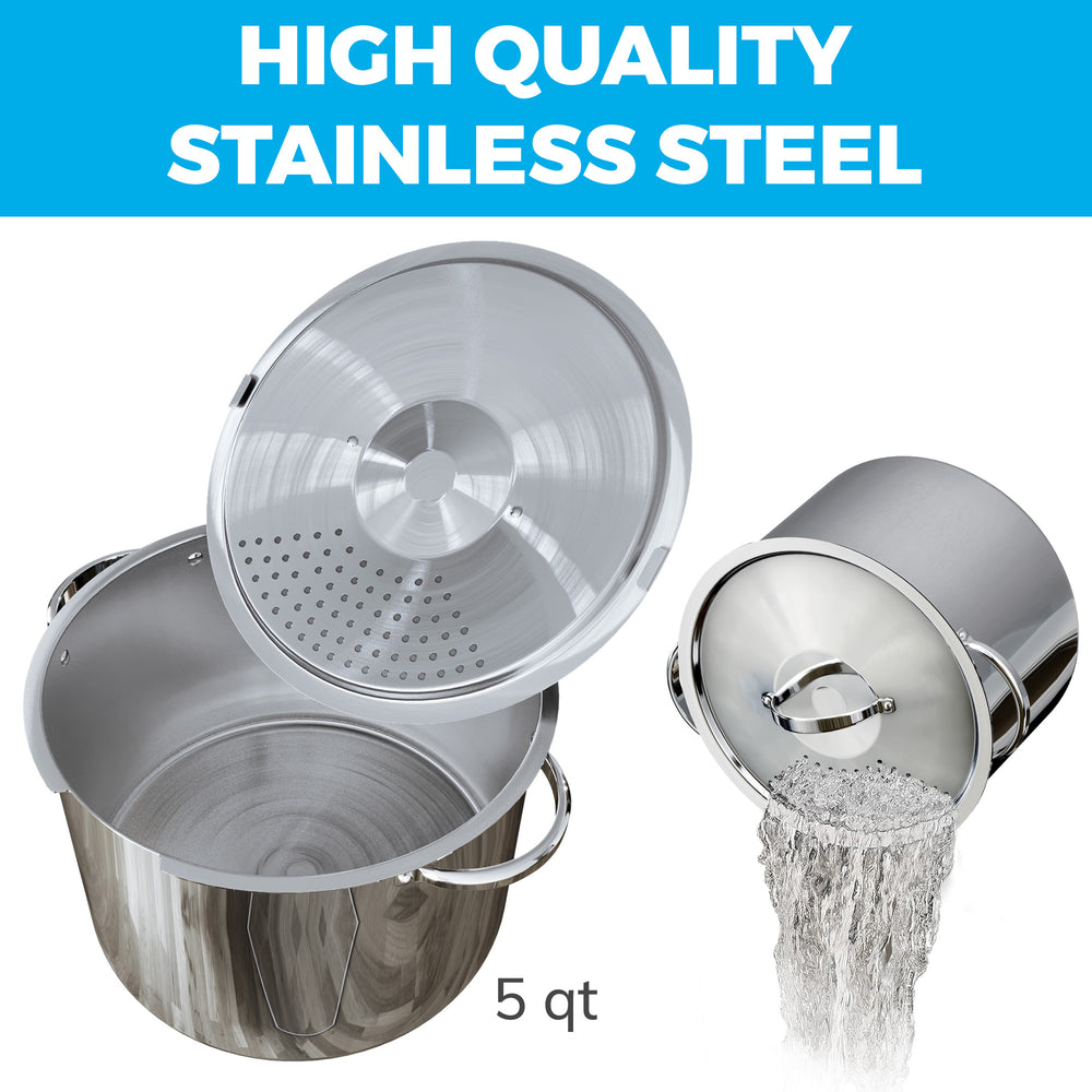 Stainless Steel Pasta Pot with Locking Strainer Lid - 5.5 Quart Large Capacity Cooking Pot | Twist & Lock for Easy Drain & No Colander Or Strainer Basket Insert Needed | Dishwasher Safe