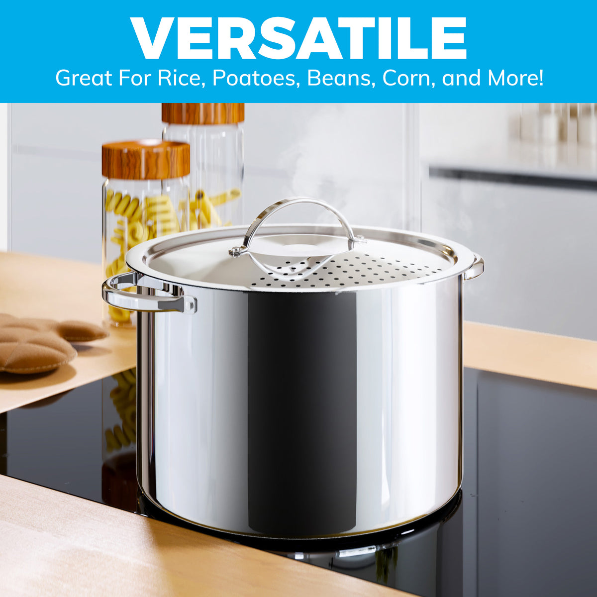 Stainless Steel Pasta Pot with Locking Strainer Lid - 5.5 Quart Large Capacity | Twist & Lock for Easy Drain & No Colander Or Strainer Basket