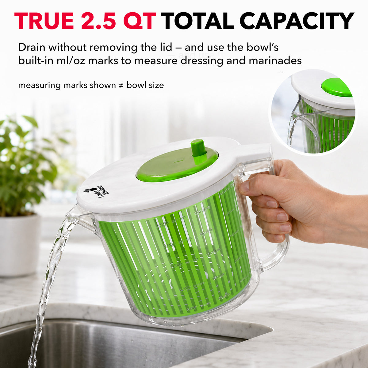 Cooler Kitchen Small Salad Spinner — Mini Lettuce Spinner and Dryer with Measuring Cup Bowl — Compact Veggie & Fruit Washer, Salad Dryer Spinner — Dishwasher Safe, BPA-Free