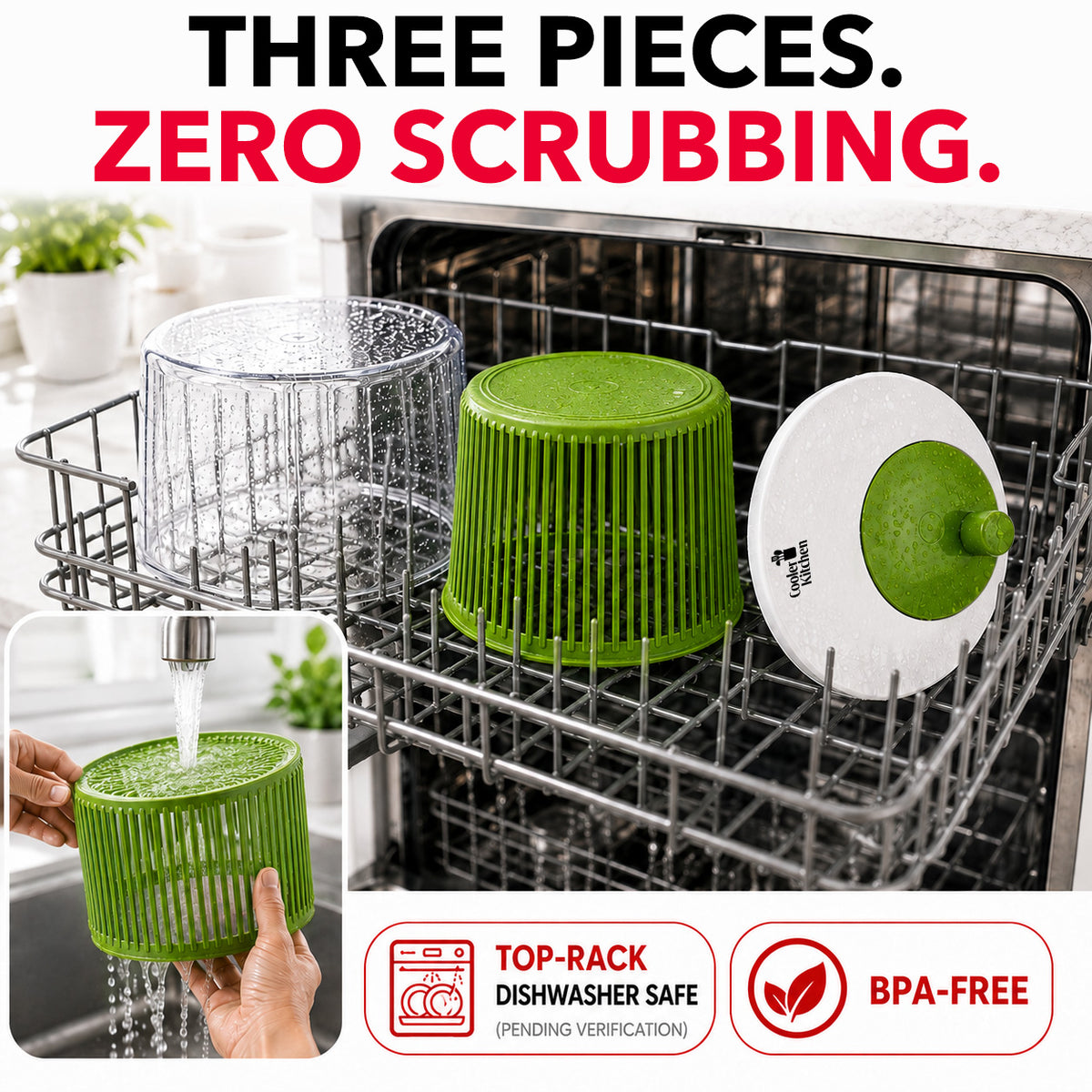 Cooler Kitchen Small Salad Spinner — Mini Lettuce Spinner and Dryer with Measuring Cup Bowl — Compact Veggie & Fruit Washer, Salad Dryer Spinner — Dishwasher Safe, BPA-Free