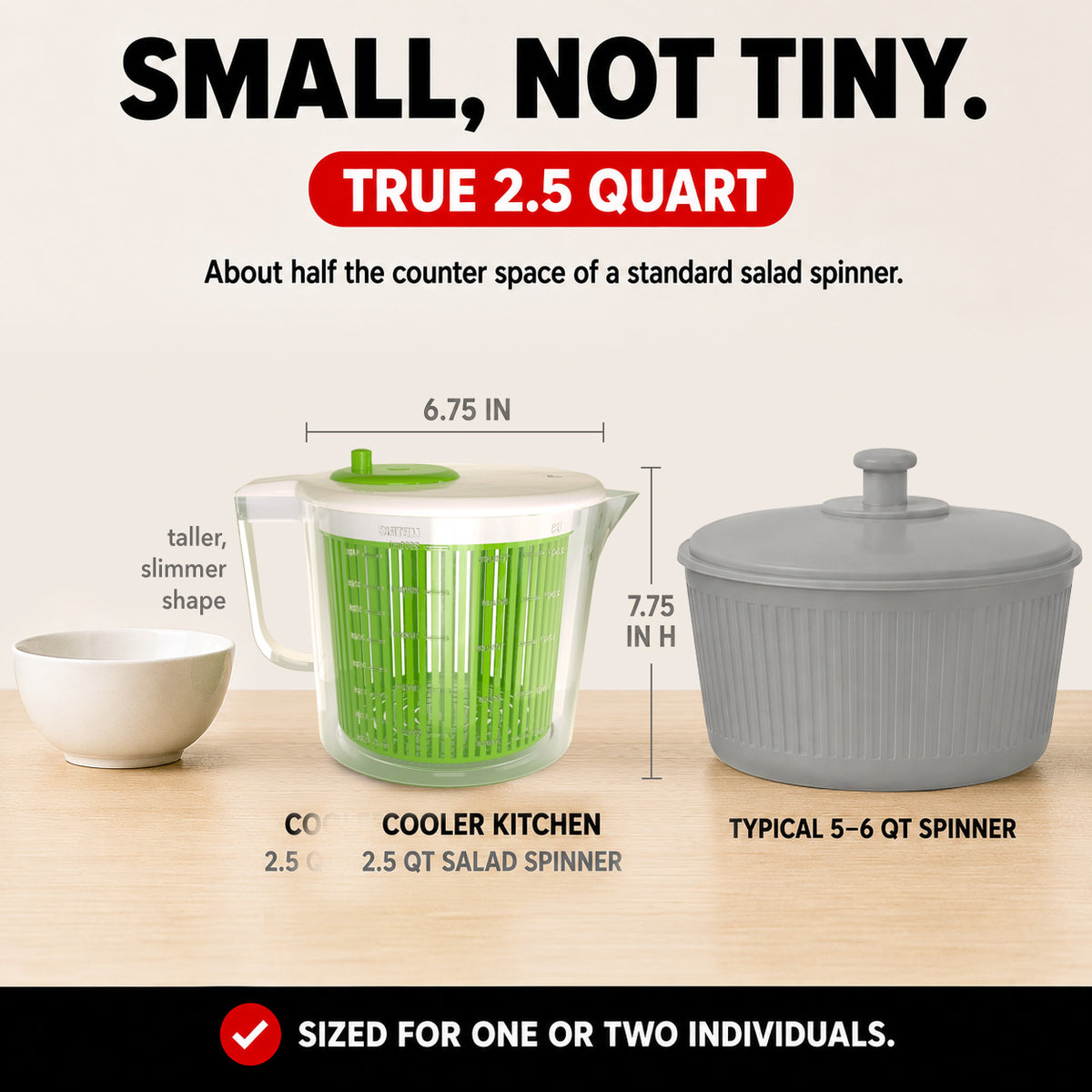 Cooler Kitchen Small Salad Spinner — Mini Lettuce Spinner and Dryer with Measuring Cup Bowl — Compact Veggie & Fruit Washer, Salad Dryer Spinner — Dishwasher Safe, BPA-Free