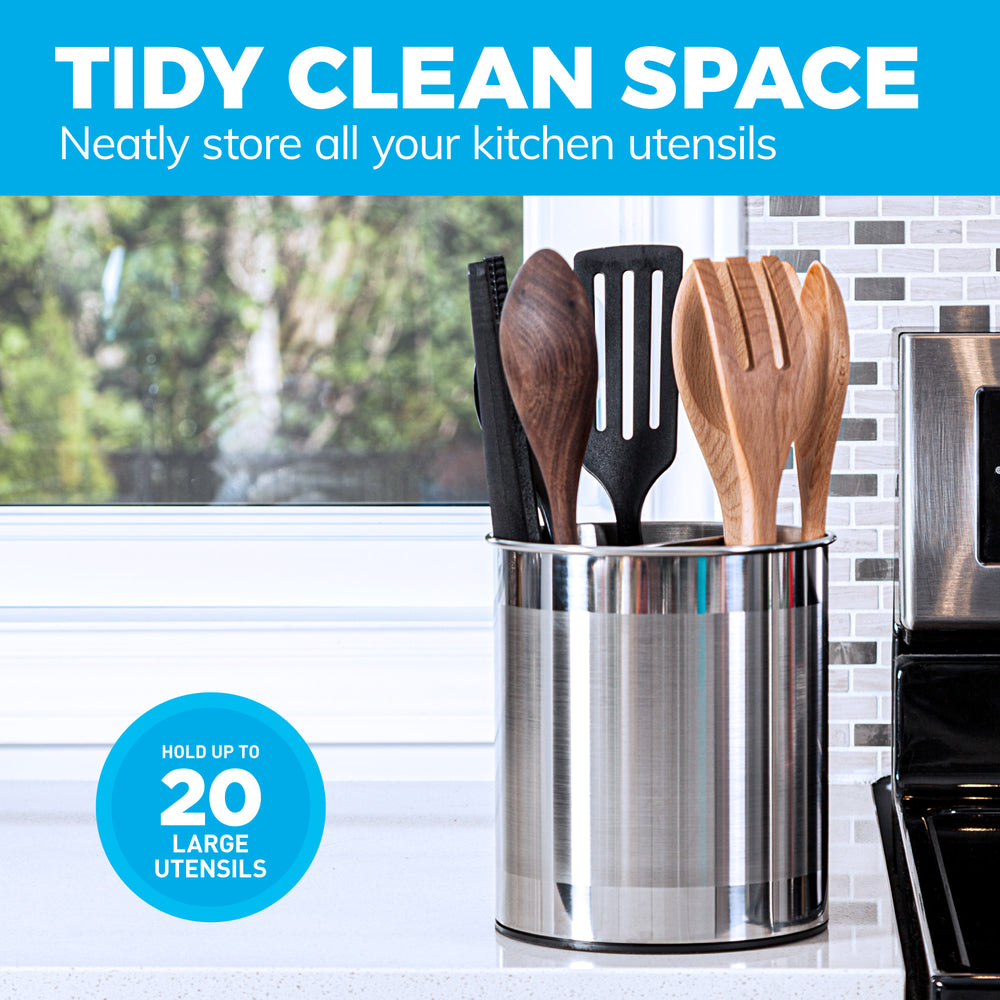 Extra Large Rotating Utensil Holder Caddy with Sturdy No-Tip Weighted Base, Removable Divider, and Gripped Insert: Metal | Rust Proof and Dishwasher Safe