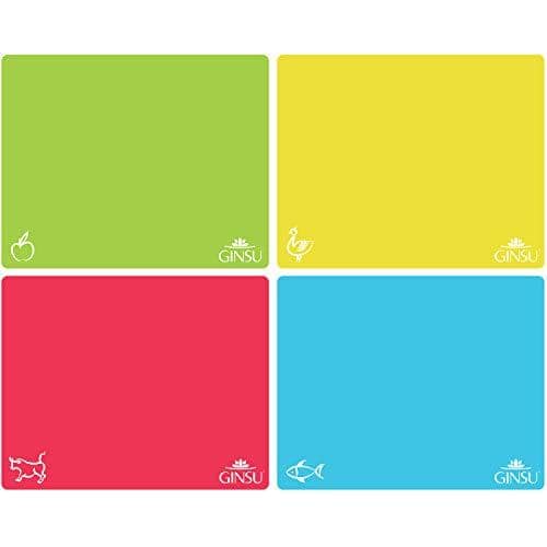 Ginsu Extra Thick 1.2mm Flexible Plastic Cutting Boards: Dishwasher Safe BPA Free Colorful Cutting Mats with Slip Resistant Waffle Back (Set of 4) - Cooler Kitchen