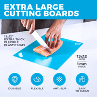 Extra Thick Flexible Plastic Cutting Board Mats with Holes for Hanging and Food Icons & EZ-Grip Waffle Back, (Set of 6) Dishwasher Safe