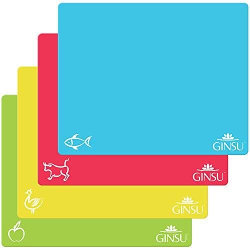 Ginsu Extra Thick 1.2mm Flexible Plastic Cutting Boards: Dishwasher Safe BPA Free Colorful Cutting Mats with Slip Resistant Waffle Back (Set of 4) - Cooler Kitchen