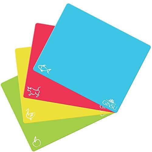 Ginsu Extra Thick 1.2mm Flexible Plastic Cutting Boards: Dishwasher Safe BPA Free Colorful Cutting Mats with Slip Resistant Waffle Back (Set of 4) - Cooler Kitchen