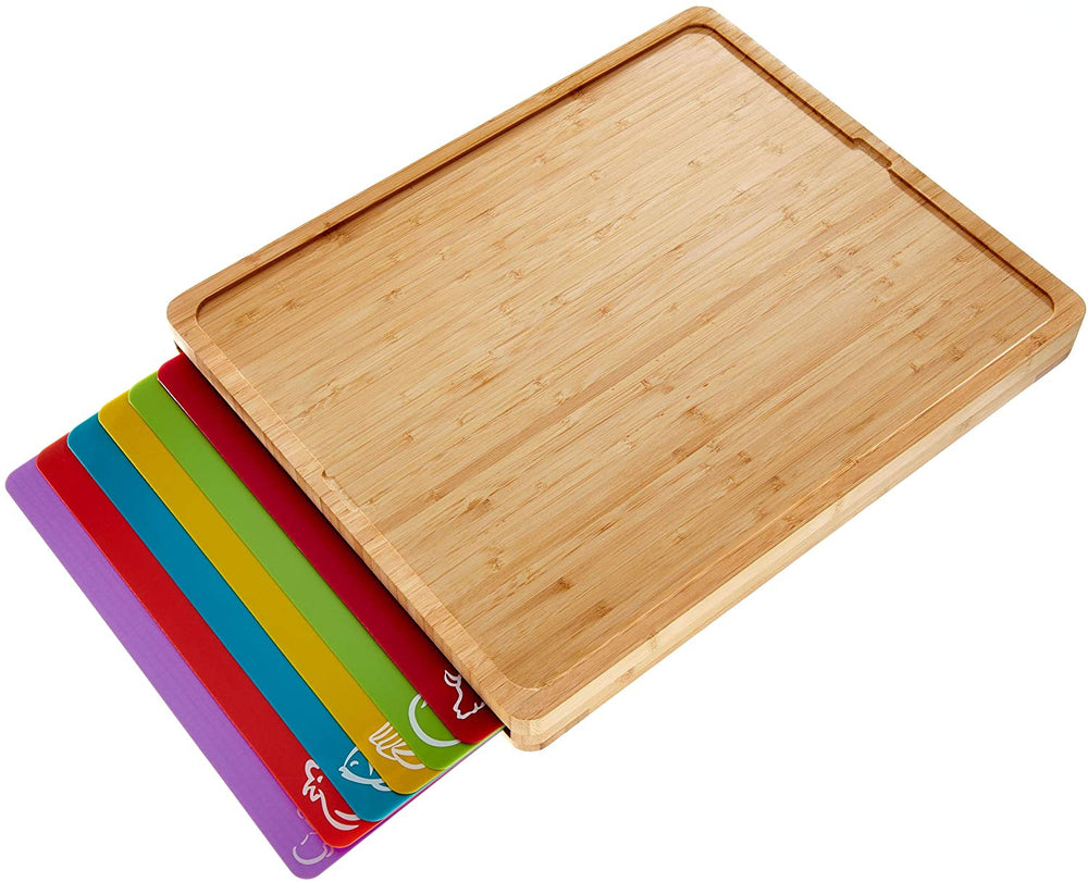 Easy-to-Clean Bamboo Wood Cutting Board with set of 6 Color-Coded Flexible Cutting Mats with Food Icons - Cooler Kitchen