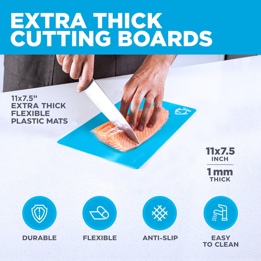 Small Extra Thick Flexible Plastic Cutting Board Mats With Food Icons & "EZ-Grip" Waffle Back (Set of 4) - Small Chopping Board Set