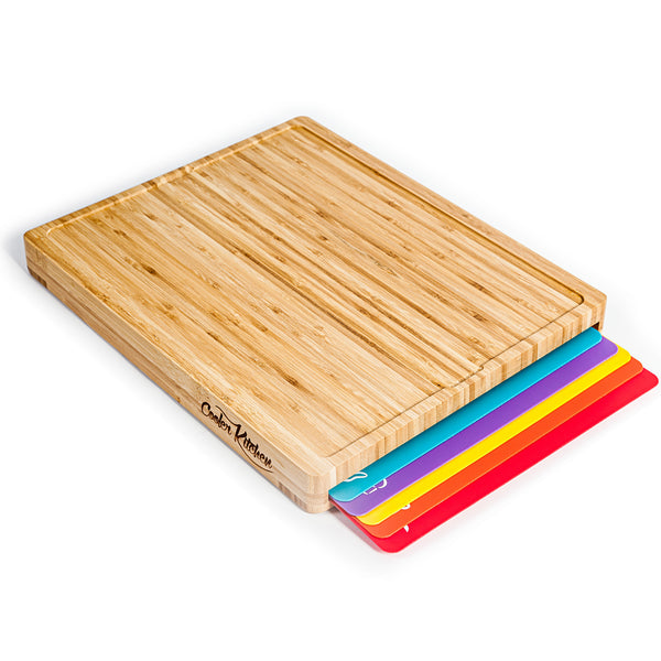 Easy-to-Clean Bamboo Wood Cutting Board with set of 6 Color-Coded Flexible Cutting Mats with Food Icons