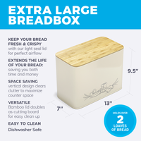 Extra Large Space Saving Vertical Cream White Bread Bin with Eco Bamboo Cutting Board Lid - Holds 2 Loaves - White Extra Large Farmhouse Bread Bins